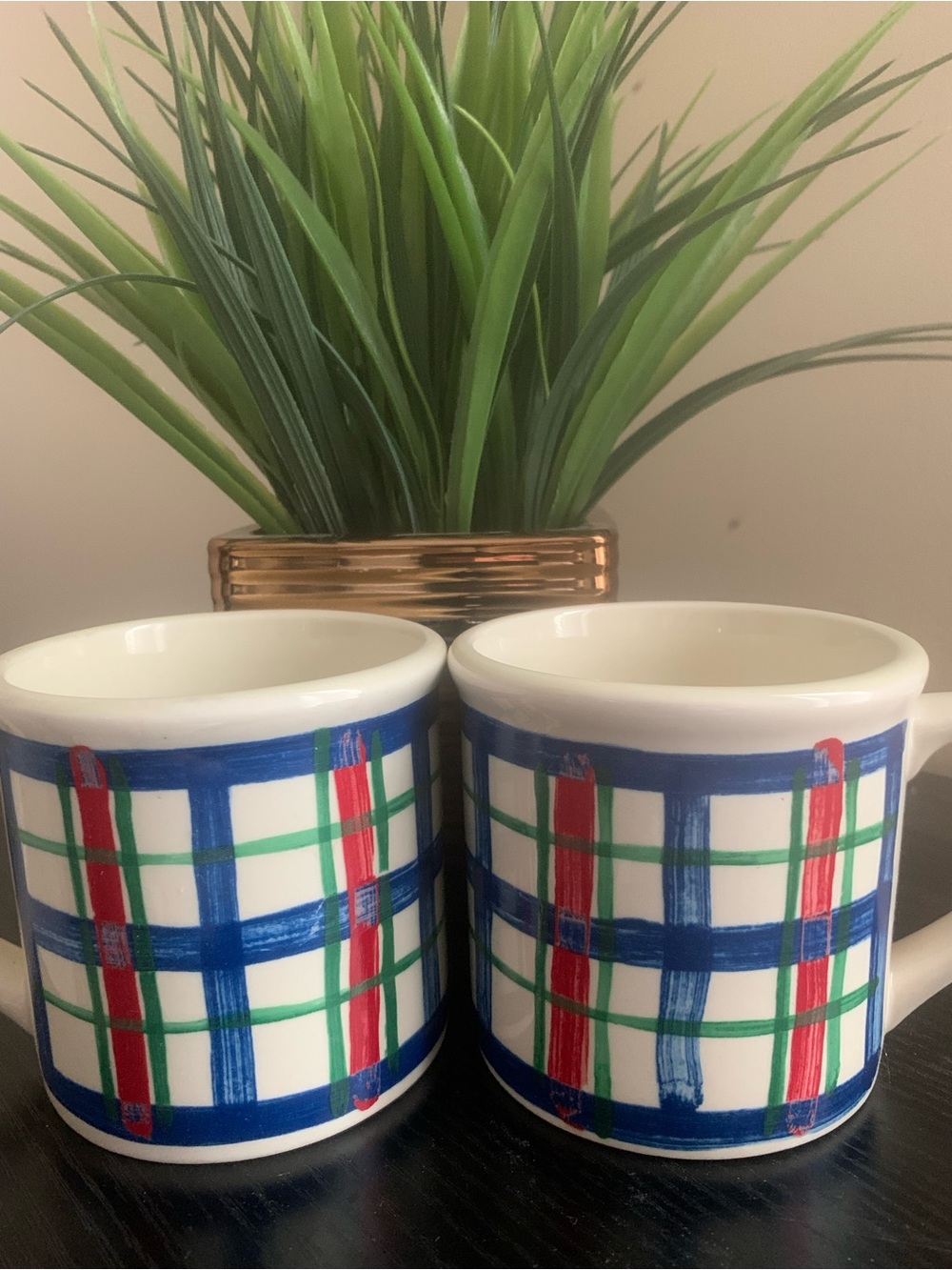 Eddie Bauer White Mugs  Blue, Red, Green Plaid Pattern 12oz